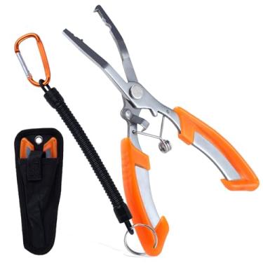 Imagem de Alicate de pesca de nariz curvado de aço inoxidável, removedor de anzol, alicate de nariz de mandíbula curvada, aço inoxidável com aderência antiderrapante, alicate de pesca multiuso com bolsa de