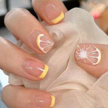 Imagem de Prensa quadrada em unhas falsas francesas médias - Nude jade com design de acabamento de padrão de limão, cobertura completa brilhante para mulheres, 24 peças/conjunto