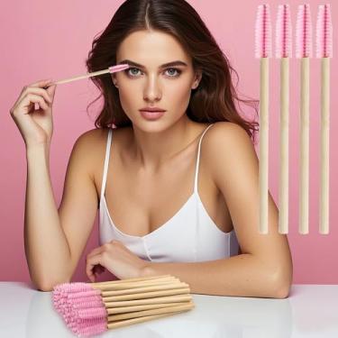 Imagem de 50 peças de varinhas de rímel descartáveis para escova de cílios para extensão de cílios e sobrancelhas bastão de bambu (rosa)