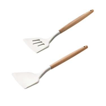Imagem de Pacote com 2 espátulas de silicone com cabo de madeira, espátulas de silicone com fendas de madeira, antiaderentes, resistentes ao calor, para misturar, drenar, fritar, panelas ideais para fritar