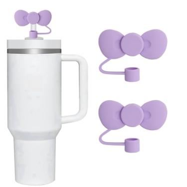 Imagem de 2 peças, capa de palha roxa, capas de canudo de laço fofo para Stanley Cup, capa de canudo de silicone de 10 mm serve para copo Stanley de 30 e 1,134 g, decoração de festa temática infantil,