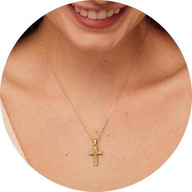 Imagem de Colar feminino com pingente de cruz de ouro banhado a aço inoxidável 18K com detalhes em zircônia, vários estilos de cruz, joia em camadas para presente, 14 Inches, Aço inoxidável, Sem Pedra Preciosa
