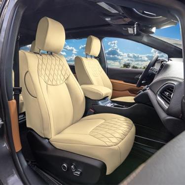 Imagem de FH Group Capas de assento de carro de ajuste personalizado feitas especificamente para Chrysler Pacifica 2021-2025 dianteiro - conjunto frontal (com DVD e apoio de braço), neoprene Ultaflex, bege