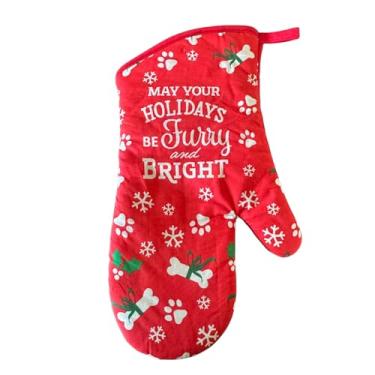 Imagem de Luva de forno para animais de estimação, luva de cozinha vermelha de Natal com flocos de neve e estampas de patas, que suas férias sejam peludas e com design brilhante