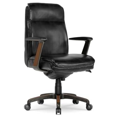 Imagem de La-Z-Boy Dawson Cadeira executiva moderna, encosto alto ergonômico ajustável para computador com suporte lombar, couro preto colado com relevo de madeira