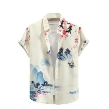 Imagem de Camisa masculina COZYEASE de manga curta com botões, bege, tamanho P