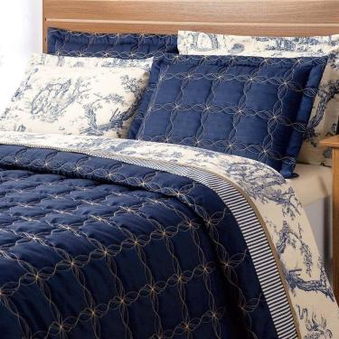 Imagem de Kit Cobre Leito Casal Queen Nobreza 03 Peças Tecido Microfibra Bordado - Azul Marinho