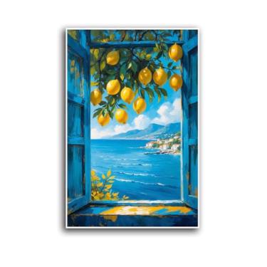 Imagem de Quadro de pintura em tela vintage vibrante com ramos de limoeiro com frutas amarelas turquesa ondas do oceano branco aldeia telhados vermelhos à distância nuvens dispersas cenário costeiro decoração