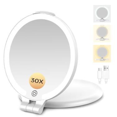 Imagem de FUNTOUCH Espelho de aumento 30 x 1 x ampliação dupla face espelho de maquiagem espelho iluminado recarregável com configuração de 3 cores rotação ajustável espelho de mesa LED