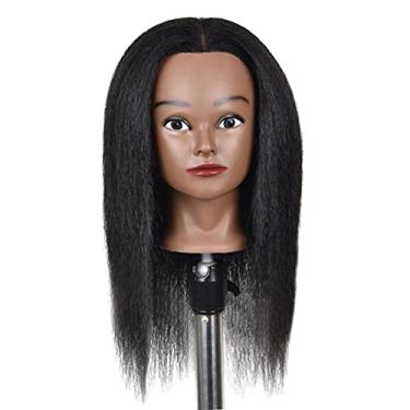 Imagem de barenx Boneca de treino de cabelo cabeça de manequim de treinamento afro com grampo, cabelo humano real, grosso, pode permanente, alvejante, corte e sopro - 40 cm preto claro