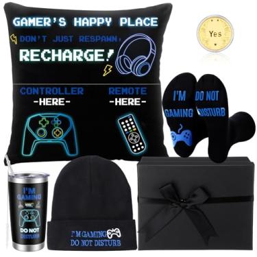 Imagem de Sieral 6 peças de presentes gamer para homens adolescentes incluem 590 g isolado gorro meias 45 x 45 fronhas moeda com caixa de presente para amantes de jogos, pai, namorado adolescente, aniversário