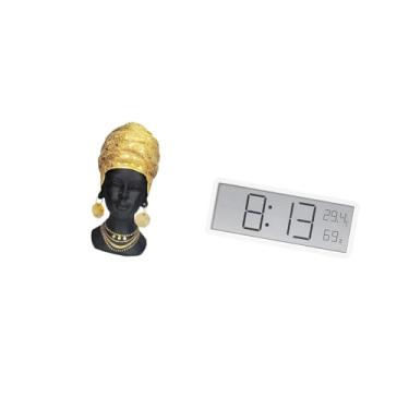 Imagem de Fenteer Escultura de Resina de Africana, Ornamento de Mesa com Relógio Digital, Grande Visor de Temperatura E Umidade para Decoração de Escritório E Ca