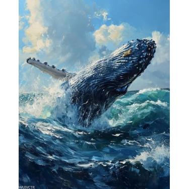 Imagem de WUIVCTR Pintura por número para adultos, majestosa violação de baleia jubarte, pinturas faça você mesmo, pintura acrílica, tela, decoração de quarto feminino, kits de pintura de homem, arte 40,6 x