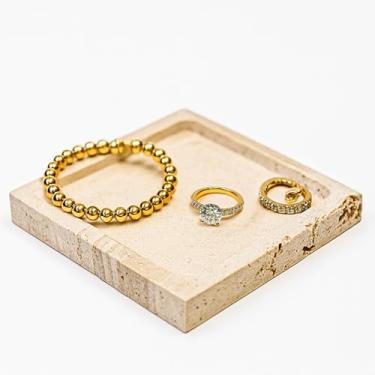 Imagem de noadre Bandeja de joias quadrada de mármore travertino natural, 12,4 cm – Prato acessório de pedra decorativa para anéis, brincos, colares, perfume e chaves, presente para mulheres (travertino)