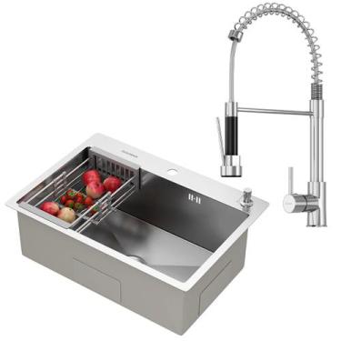 Imagem de Kit Cuba Gourmet Quebec 62cm Aço Inox 304 e Torneira Gourmet Genebra M