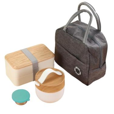 Imagem de Caixa de Almoço em Camadas Bento com Textura Madeira e Tampa Bambu Compartimentos Empilháveis Grande Capacidade -Manutenção Portátil Micro-ondas Lavadora Pratos PP Grau Alimentar para Estudantes Tra