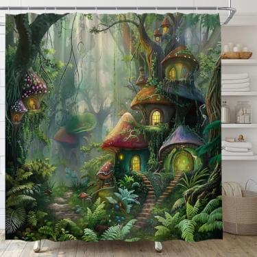 Imagem de Enchanted Forest Cortina de Chuveiro Fantasia Casa de Cogumelo Contos de Fadas Selva Floresta Tropical Planta Mágica Árvore Verde Cenário Natureza Tecido Cortina de Banheiro Conjunto com Ganchos