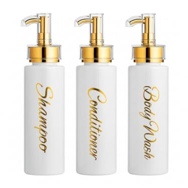 Imagem de uMadeUs Dispensador de xampu e condicionador – Garrafas essenciais de higiene – Shampoo recarregável para chuveiro e sabonete líquido, Branco todo dourado 1 redondo, Medium
