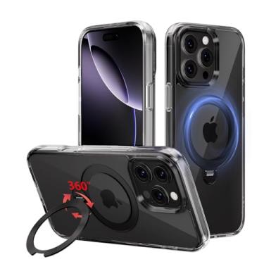 Imagem de Yunjews Capa para iPhone 16 Pro Max, preta transparente com suporte invisível de 360°, anel magnético compatível com MagSafe, capa protetora à prova de choque de grau militar para homens e mulheres