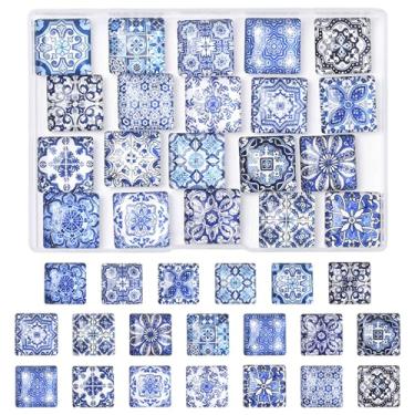 Imagem de MakemadeDIY 24 peças 20 mm quadrado mosaico azulejo vidro cabochão flor padrão de azulejo impresso cúpula cabochão para foto, pingente, brincos, colar, pulseira, chaveiro, anéis, joias, artesanato DIY