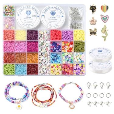 Imagem de MakemadeDIY 5495 peças de colares de pulseiras coloridas kit de fabricação inclui imitação de pérola luminosa letra acrílica vidro semente polímero argila disco contas coração sereia borboleta flor