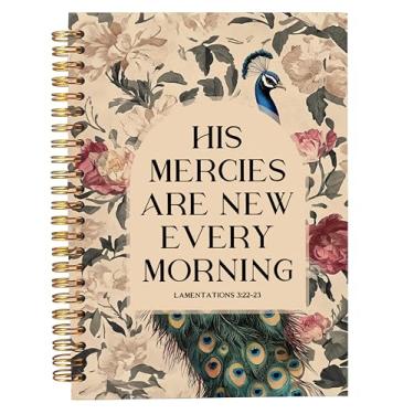 Imagem de Welshower Caderno espiral cristão pavão floral vintage, His Mercies Are New Every Morning Caderno com versículo da Bíblia, diários de oração religiosa para mulheres, 14 x 21 cm