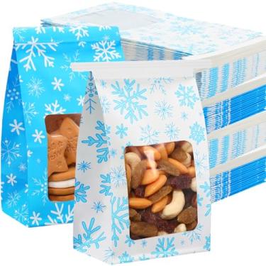 Imagem de Sweetude 60 sacos de padaria de floco de neve com janela 10 x 6,36 x 16,7 cm, pequenos sacos de padaria de Natal, papel kraft de inverno, trava de arame de ferro para biscoitos, café, comida, festa