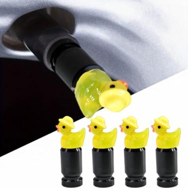 Imagem de Xalvoria Pacote com 4 tampas de haste de válvula de pato amarelo para válvulas Schrader, acabamento brilhante, design de chapéu fofo, base de metal durável, acessórios divertidos para pneus de