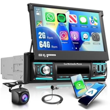 Imagem de Upgrade Android 15 Single Din estéreo para carro com carplay sem fio Android embutido GPS Navi, tela sensível ao toque IPS de 7 polegadas, rádio flip out 5.0, Bluetooth, DSP, FM/RDS, SWC, link espelho