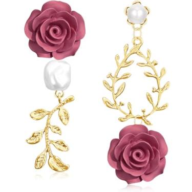 Imagem de unixmoment Brincos femininos com pingente de folha de flor assimétrica delicada de resina floral e pérola rosa, Large, Metal, Sem pedra preciosa
