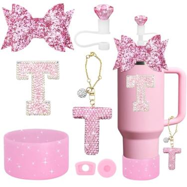 Imagem de Conjunto de acessórios de copo Stanley de 7 peças, pingente de letra para copos Stanley, incluindo canudo de diamante, canudo de laço, bota de silicone brilhante para Owala 850 g e 1,134 g (rosa T)