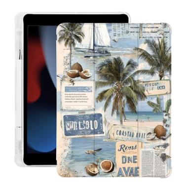 Imagem de BlHMCASE Capa Sea Beach Newspaper para iPad Air de 11 polegadas 7ª/6ª geração (M3/M2) 2025/2024 com suporte para lápis, hibernar/despertar automático, capa traseira de TPU macio de couro branco