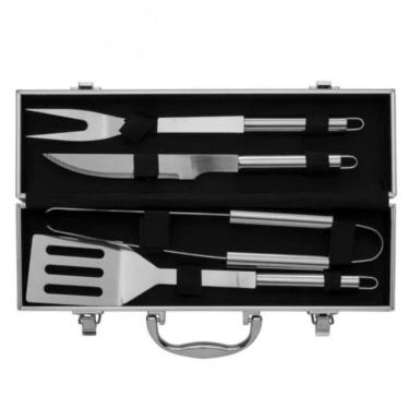 Imagem de Kit Churrasco Premium 4 Peças em Aço Inoxidável, Maleta de Alumínio, Espátula, Garfo, Faca e Pegador, 37cm x 12cm x 7cm