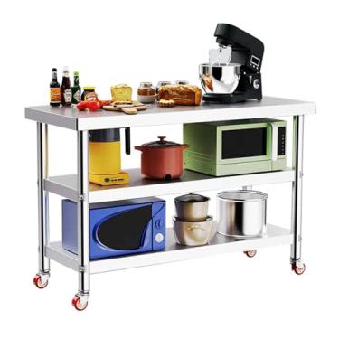Imagem de Mesa de trabalho de aço inoxidável com 2 prateleiras mesa utilitária de metal para preparação de alimentos com rodízios para cozinha doméstica restaurante garagem (70 x 50 cm/27,5 x 19,6 cm)