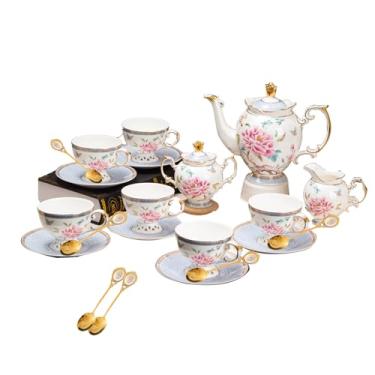Imagem de PANAOAHU Conjunto de chá de porcelana óssea de 21 peças para 6, design vintage de borboleta floral com acabamento dourado, inclui bule de chá, açucareiro, creme e xícaras/pires, presente elegante para