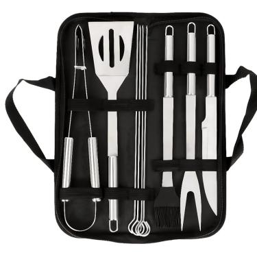 Imagem de Conjunto Churrasco 12 Peças Premium – Aço Inox Reforçado, Cabos Longos e Bolsa Portátil – Acessórios Resistentes para Grelha, Chapa e Assados, Ideal para Uso Diário e Presentear quem Ama Churrasco
