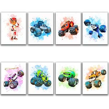 Imagem de Pôster de parede aquarela Blaze & The Monster Machines - Conjunto de 8 (20.3 cm x 25.4 cm) caminhões arte decoração de quarto de jogos para berçário infantil, banheiro, sala de jogos (sem moldura)