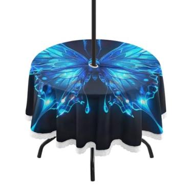 Imagem de ATTX Toalha de mesa redonda com borboleta azul – 152 cm, impermeável, à prova de derramamento, uso interno/externo, com orifício para guarda-chuva com zíper para acampamento, piquenique, praia, festa