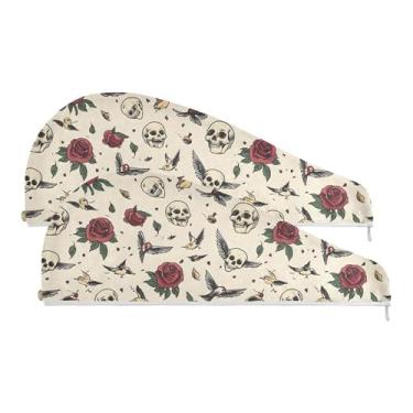 Imagem de SEHANY Toalha de cabelo de microfibra rosa e caveira para mulheres, 2 peças, turbantes de cabelo de secagem rápida com botão, touca de cabelo seco absorvente toalha de secagem de cabelo para cabelos