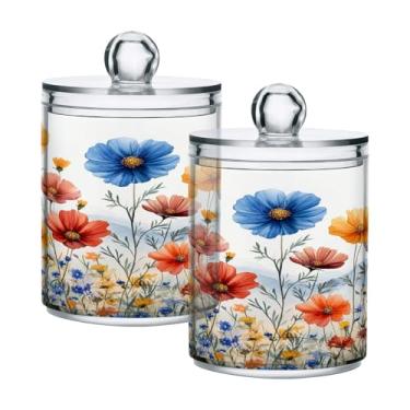 Imagem de ATTX Dispensador de suporte Qtip de flores silvestres em aquarela para bola de algodão, cotonete, frasco de boticário transparente, decoração de casa, pote de armazenamento de cozinha, pacote com 2