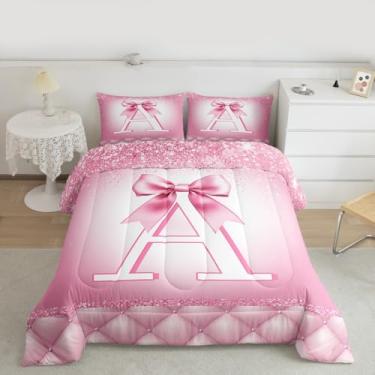 Imagem de Feelyou Conjunto de edredom com laço rosa, tamanho Queen, letra A, para crianças, meninos, meninas, princesa, glitter, edredom com laço, alfabeto, decoração de quarto, microfibra, 3 peças com 2