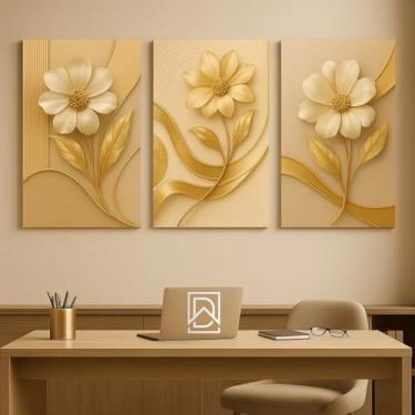 Imagem de Kit 3 Quadros Decorativos Flor Dourada Luxo | Arte Moderna para Sala Quarto Escritório | Decoração Elegante Parede | Design Minimalista Premium | Impressão em Alta Definição Home Decor (20x30)