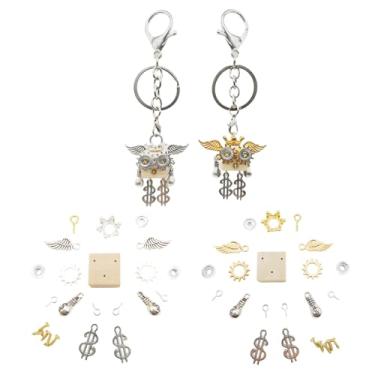 Imagem de DEUXPER Kit de chaveiro DIY Lucky Angel Robot artesanato, pingentes de metal com asas e sinais de dólar, ouro e prata, conjunto de presente com 2 unidades