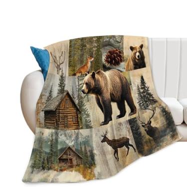 Imagem de Cobertor de urso de cabana, cobertor rústico de lã de veado de urso presentes para meninos e meninas, material de flanela macio aconchegante para cama sofá 127 x 101 cm