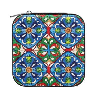 Imagem de Wassud Caixa de joias pequena com design de azulejo do México, mini organizador portátil de couro PU, brincos quadrados de armazenamento, colar, pulseiras, joias para mulheres, meninas, senhoras