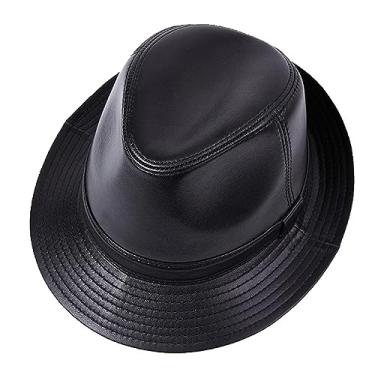 Imagem de Chapéu masculino feminino clássico de couro Trilby cavalheiro chapéu Sun Jazz boné (preto-XGG