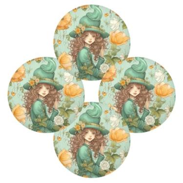 Imagem de Wassud Jogo americano conjunto de 4 tapetes de mesa redondos de menina com chapéu e flores para cozinha e jantar, lavável e resistente ao calor, decoração de mesa 39 cm