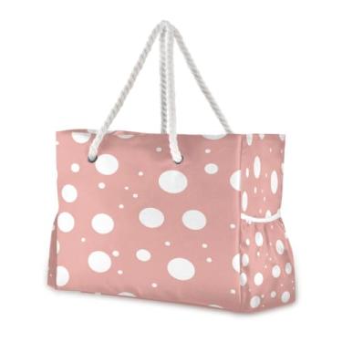 Imagem de Wassud Bolsa de praia com bolinhas brancas grandes para mulheres, à prova d'água, à prova de areia, bolsa de viagem com zíper e bolso para piscina, academia, acampamento