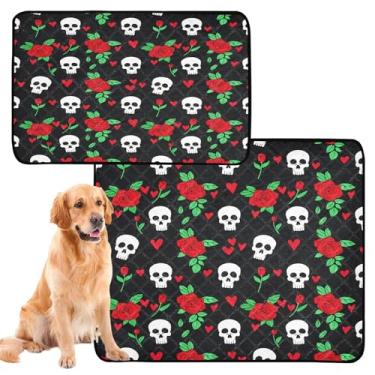 Imagem de CEBUGI Almofadas de xixi laváveis para cães, pacote com 2, almofadas impermeáveis para filhotes de cachorro, antiderrapante, à prova de vazamento, para cama de cercadinho, caveiras brancas, rosa