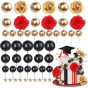 Imagem de 32 Pack Class of 2025 Cake Toppers Graduation Cap Diploma Balls Flower Congrats Grad Cake Picks for 2025 High School College Senior Graduation Cupcake Decorations Party Black Red